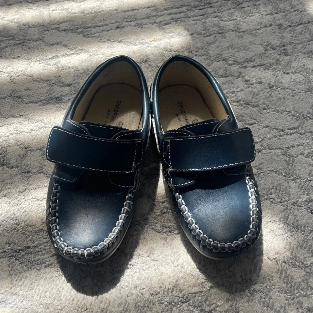 Children's Navy Leather Loafers with Velcro Strap